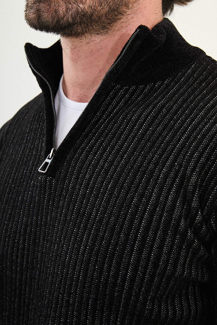 Men’s Black Ribbed Stripe Half - Zip Knitwear Sweater - SUITHARBOR
