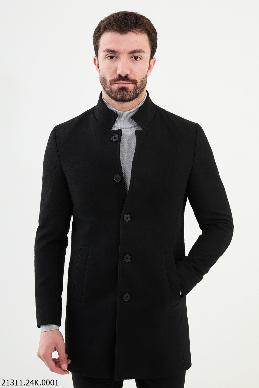 Men's Black Stand Collar Button-Up Overcoat - Slim-Fit Winter Jacket SUITHARBOR Men's Black Stand Collar Button-Up Overcoat - Slim-Fit Winter Jacket SUITHARBOR