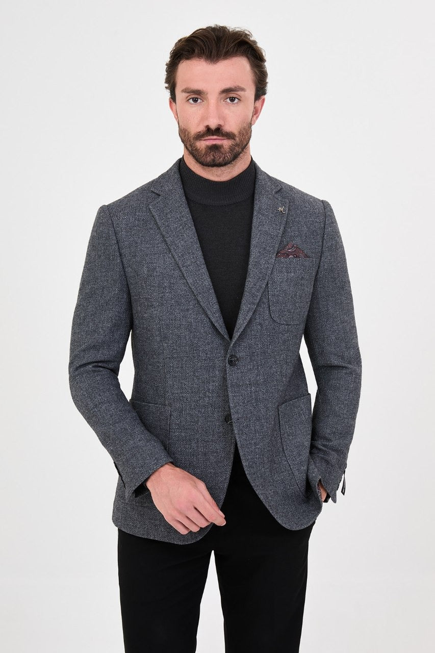 Men’s blue grey single-breasted blazer, alternate front view