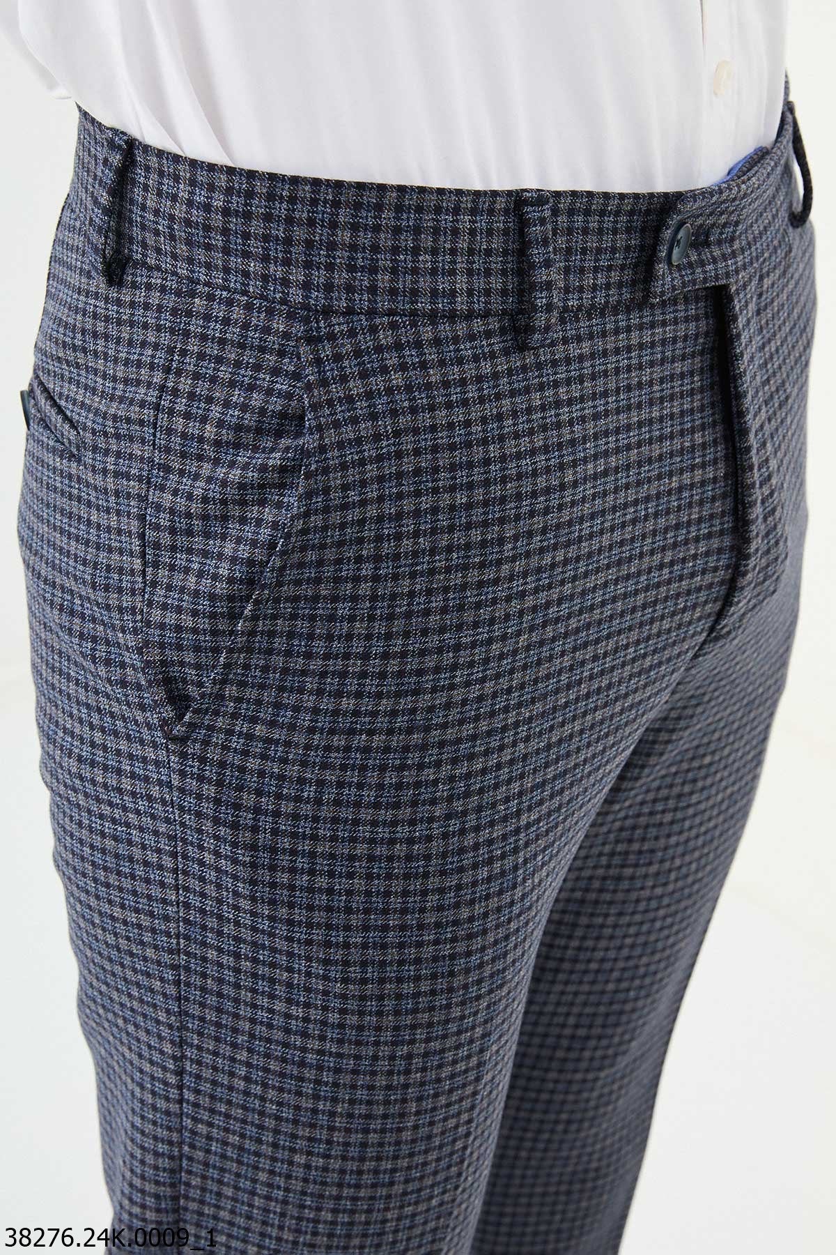 Men’s Blue Micro Check Slim Fit Trousers - SUITHARBOR