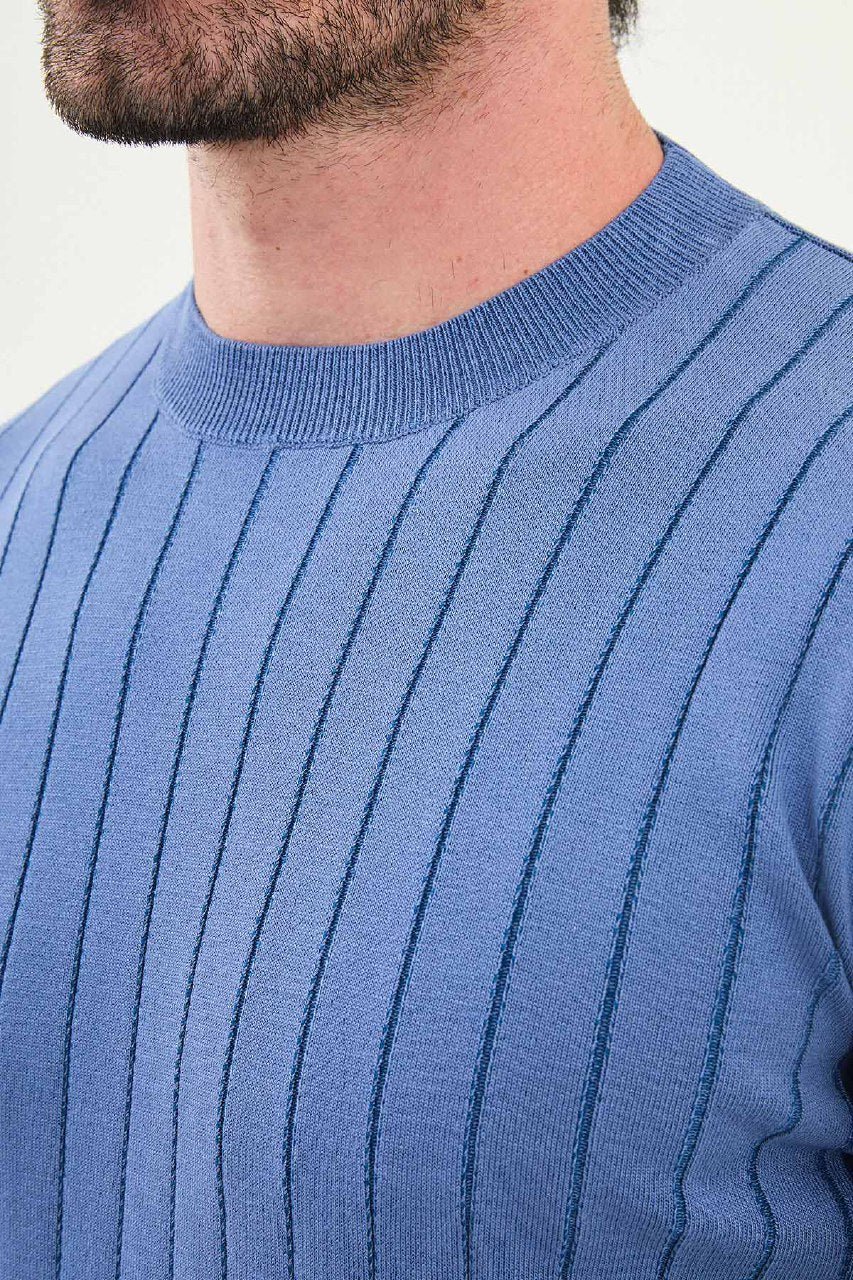Men’s Blue Ribbed Slim Fit Knitwear Mockup Sweater - SUITHARBOR