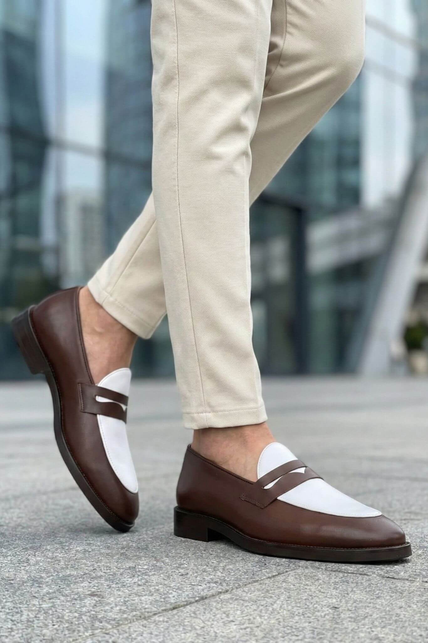 Men’s Brown and White Two - Tone Calfskin Leather Penny Loafers - SUITHARBOR