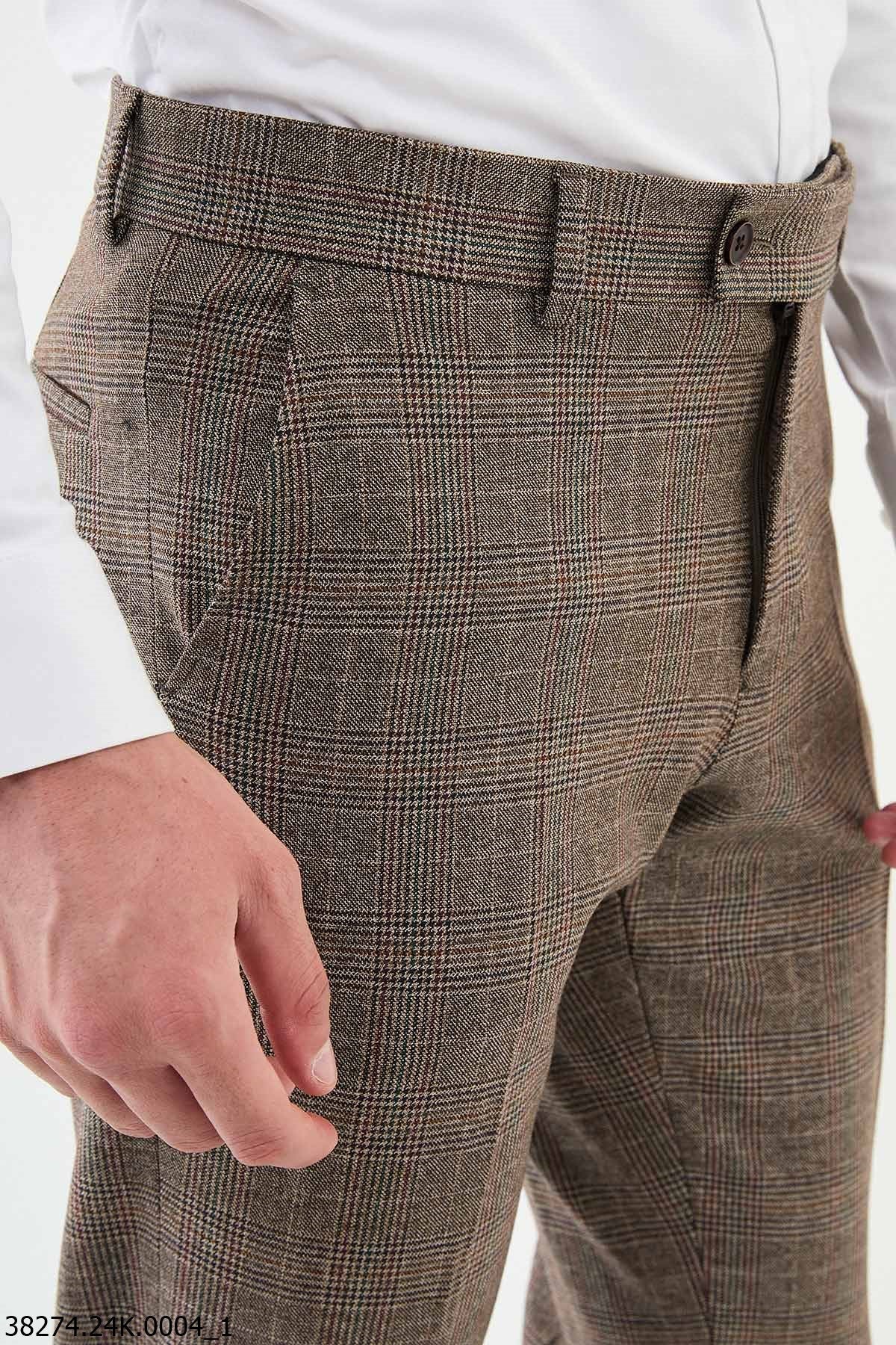Men’s Brown Check Slim Fit Trousers - SUITHARBOR
