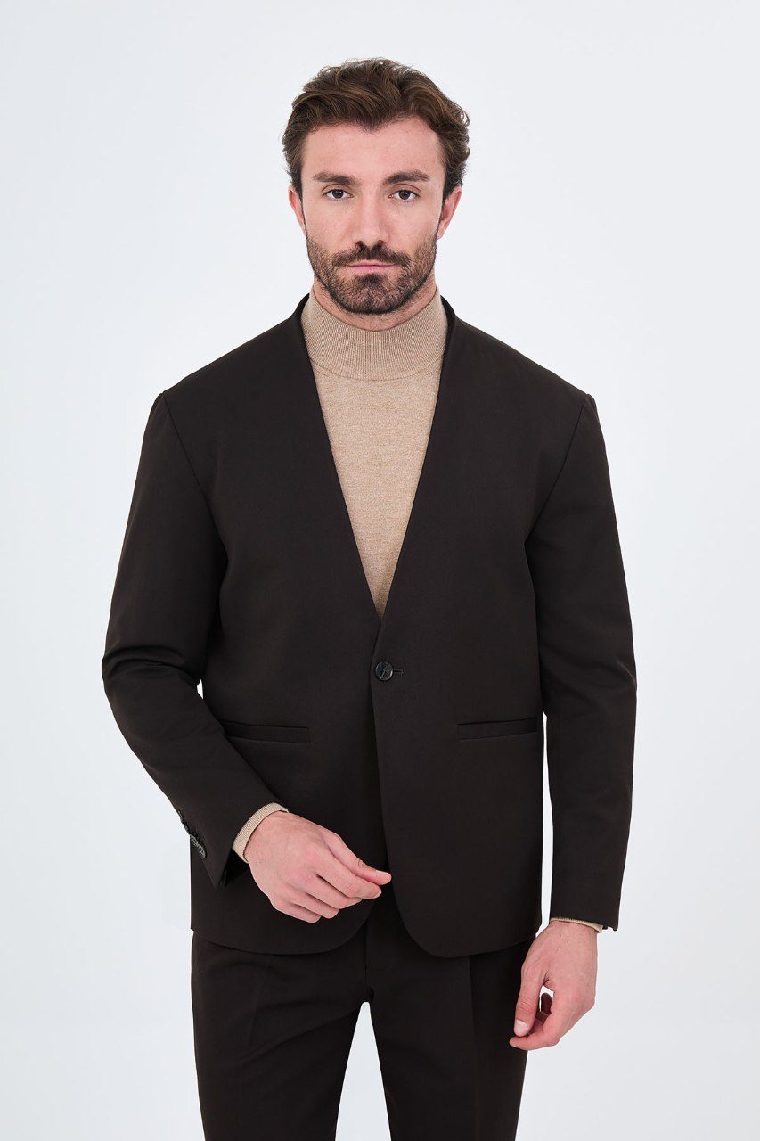 Men's dark brown collarless one-button two-piece suit close front view