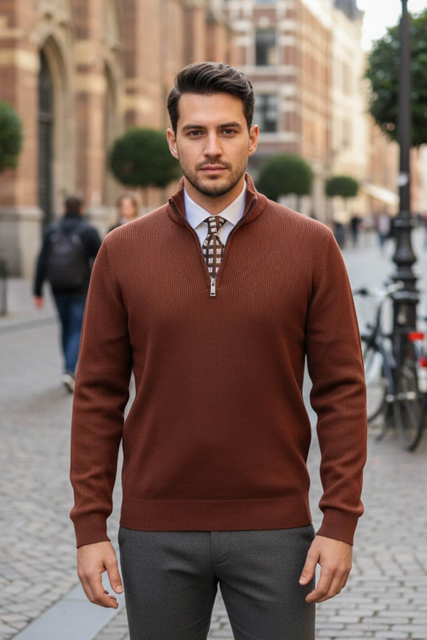 Men's Brown Half - Zip Sweater - SUITHARBOR