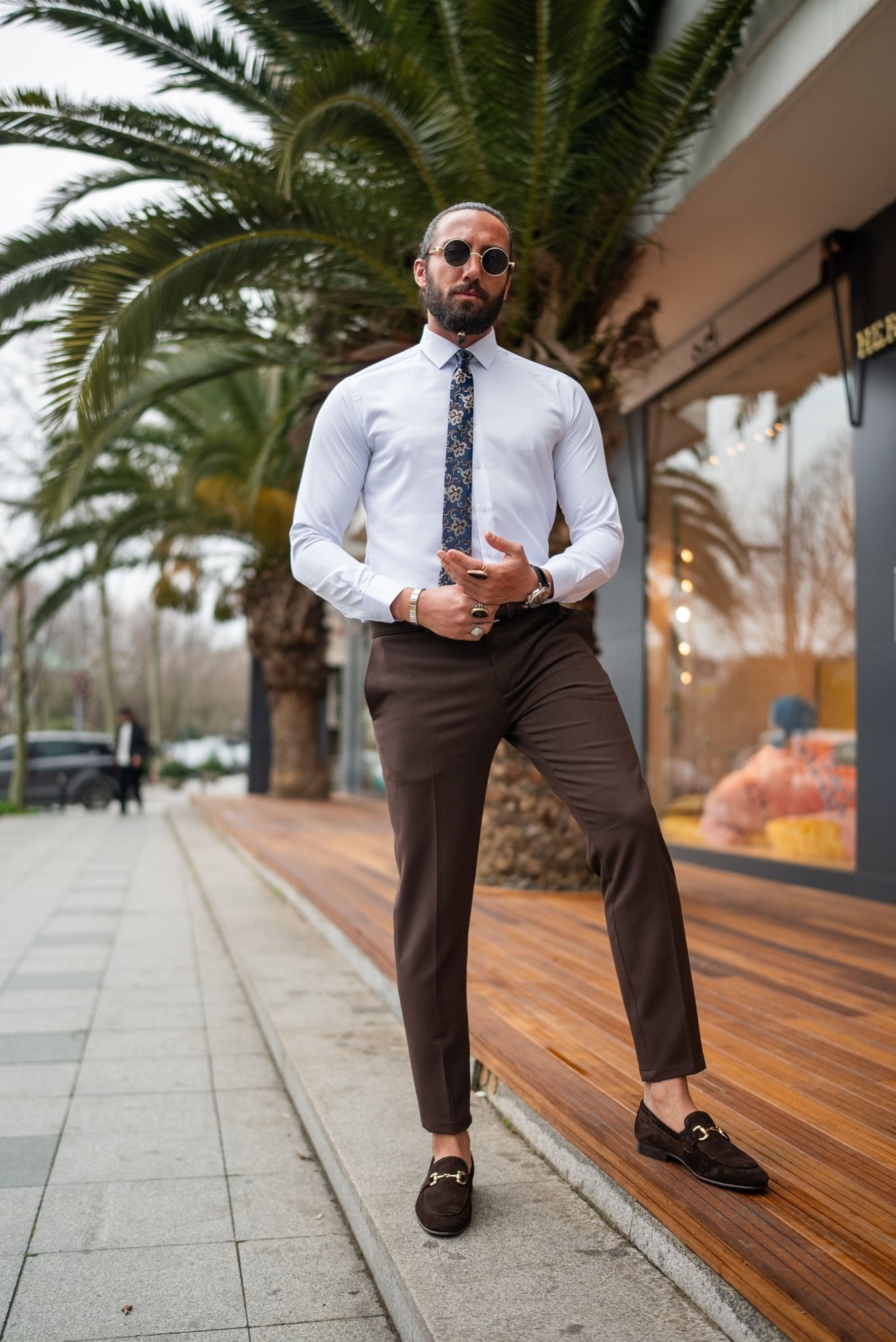 Men’s Brown Slim Fit Stretch Lycra Dress Trousers - SUITHARBOR