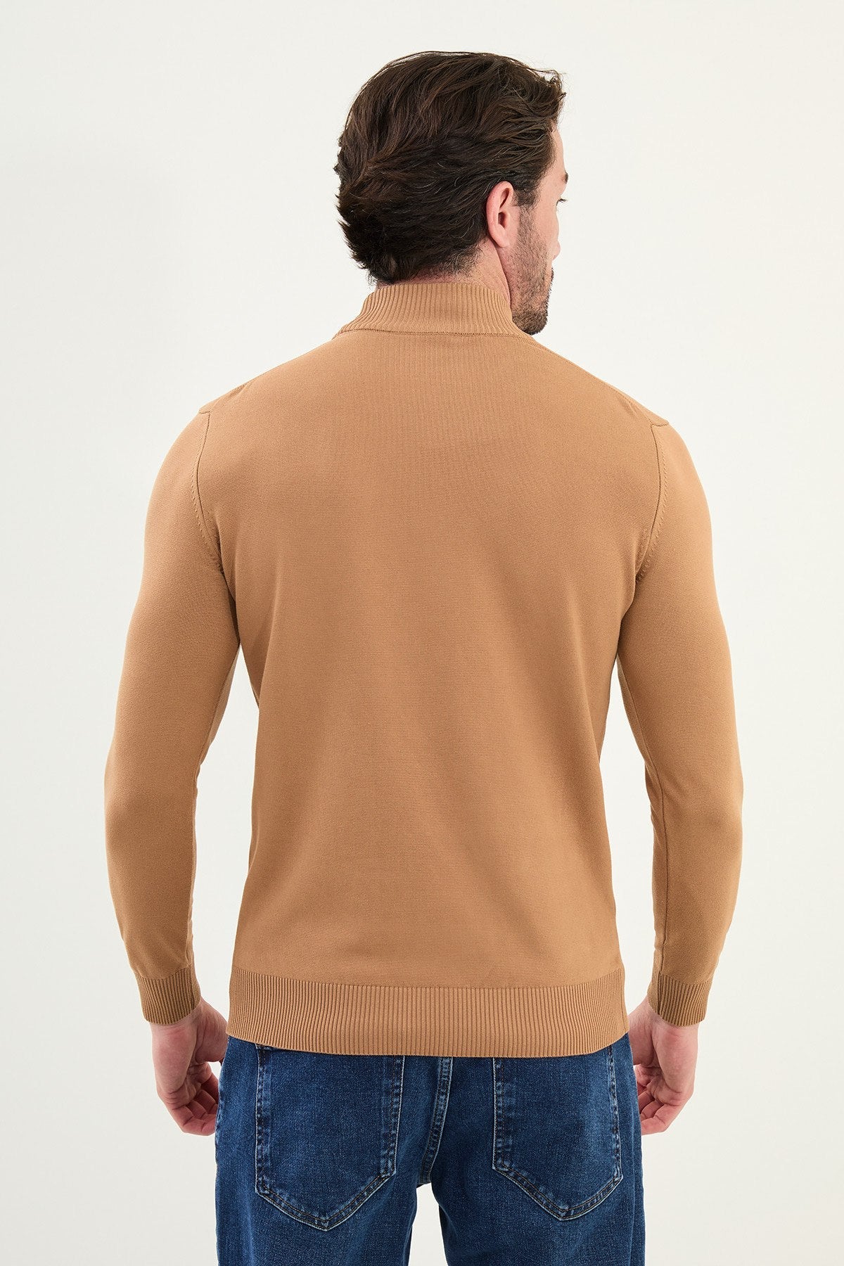 Men’s Camel Slim Fit Mock Neck Knitwear Sweater - SUITHARBOR