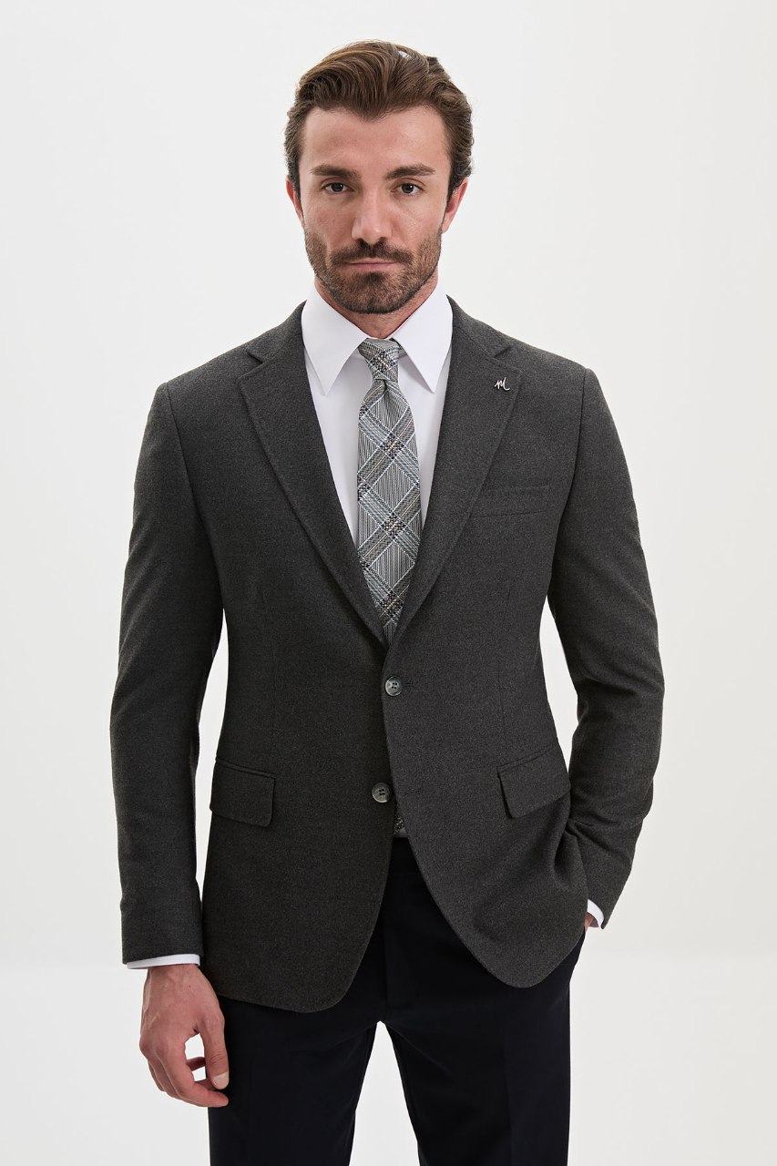 Men's charcoal grey blazer, front closer view