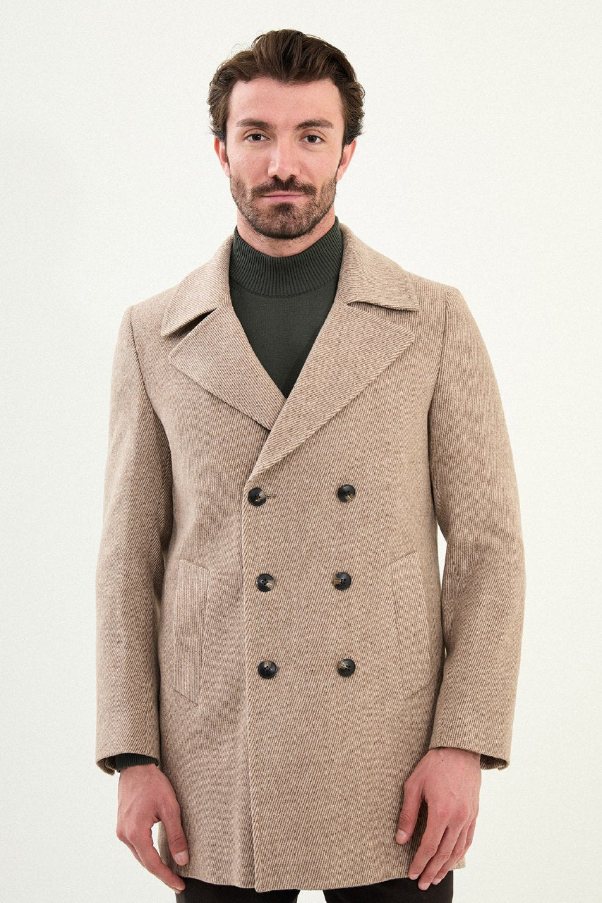Men’s Double - Breasted Beige Wool - Blend Coat - SUITHARBOR
