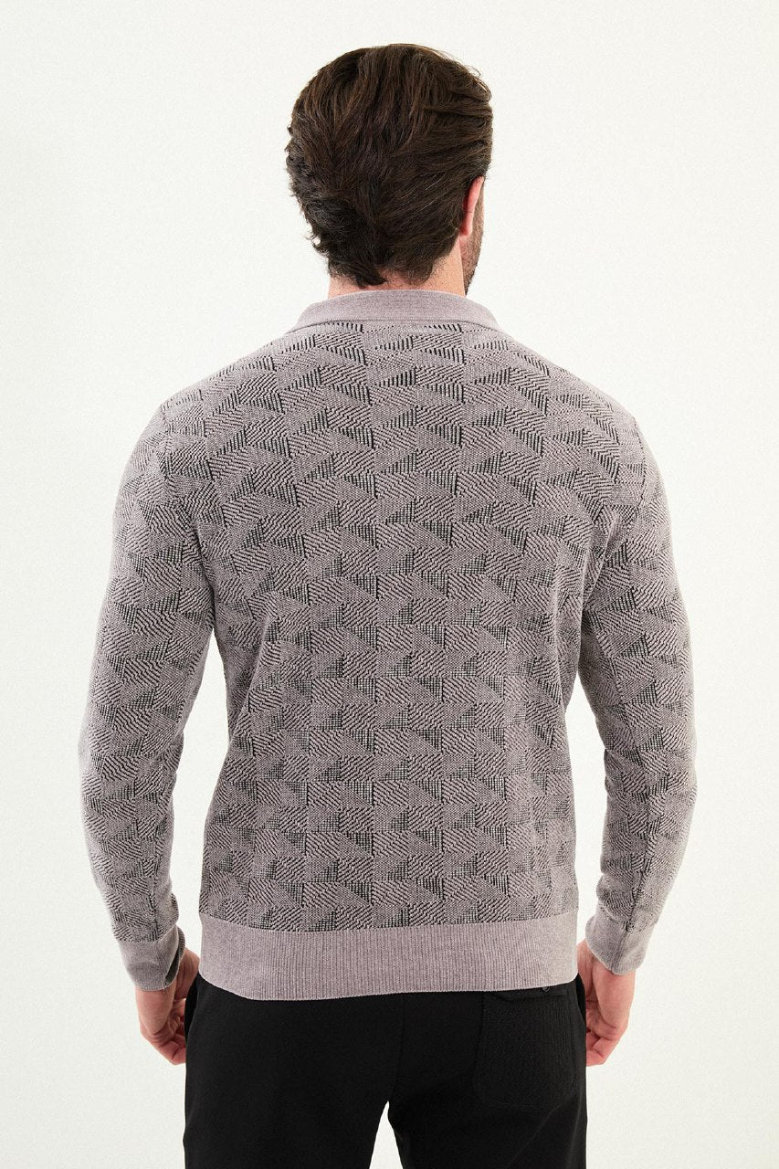 Men’s Gray Geometric Half - Zip Knitwear Polo Sweater - SUITHARBOR