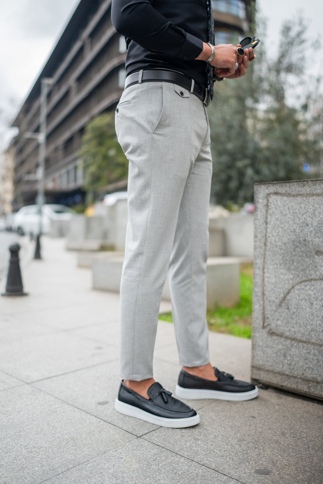 Men’s Gray Slim Fit Stretch Lycra Dress Trousers - SUITHARBOR