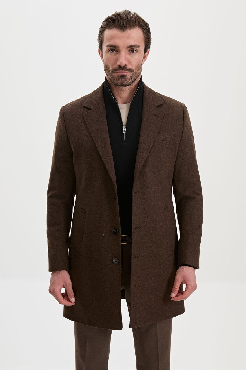 Men’s light brown wool-blend overcoat with notch lapels, front fastened view
