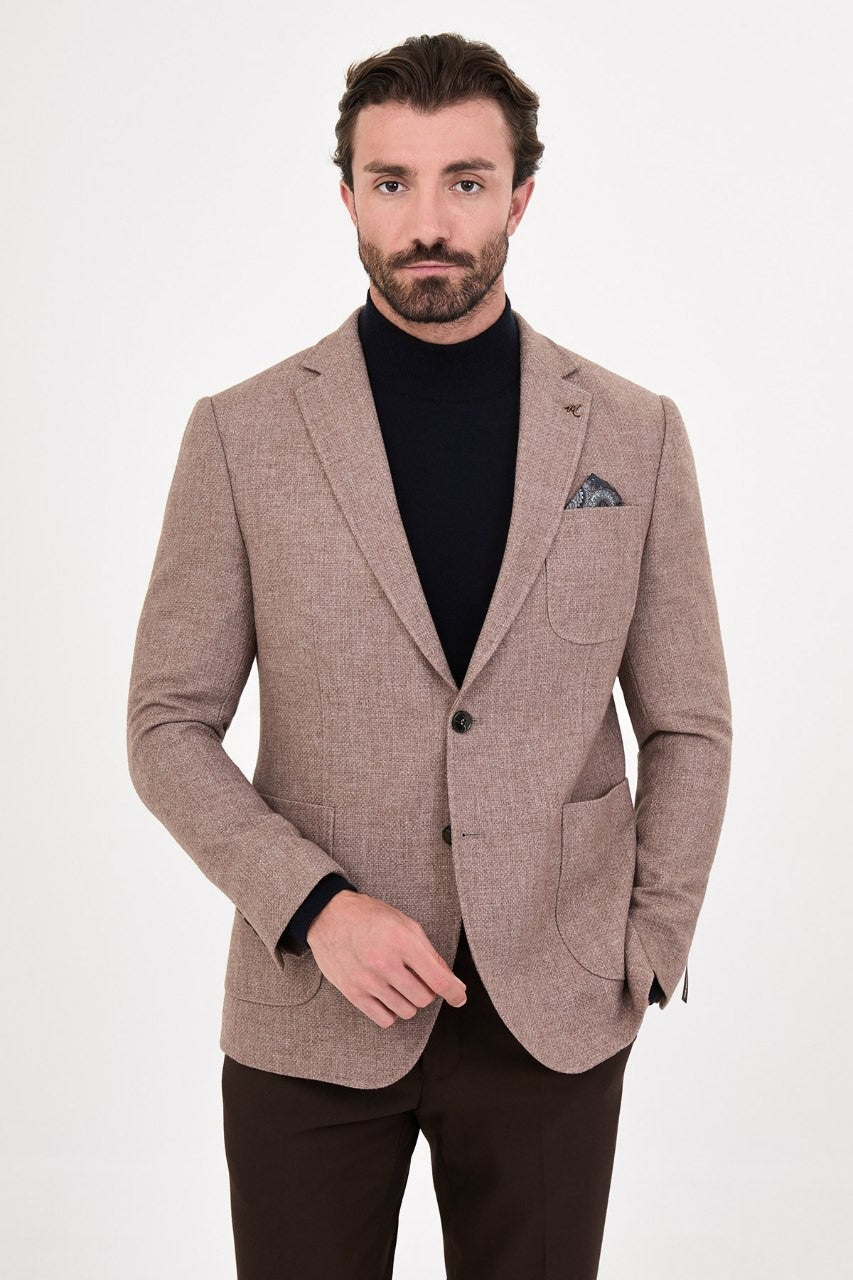 Men’s light brown single-breasted blazer, alternate front view