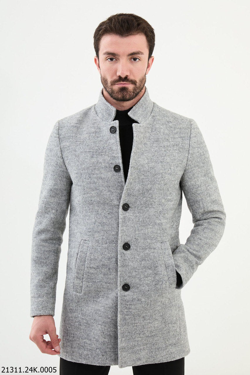 Men's Light Grey Stand Collar Coat - SUITHARBOR
