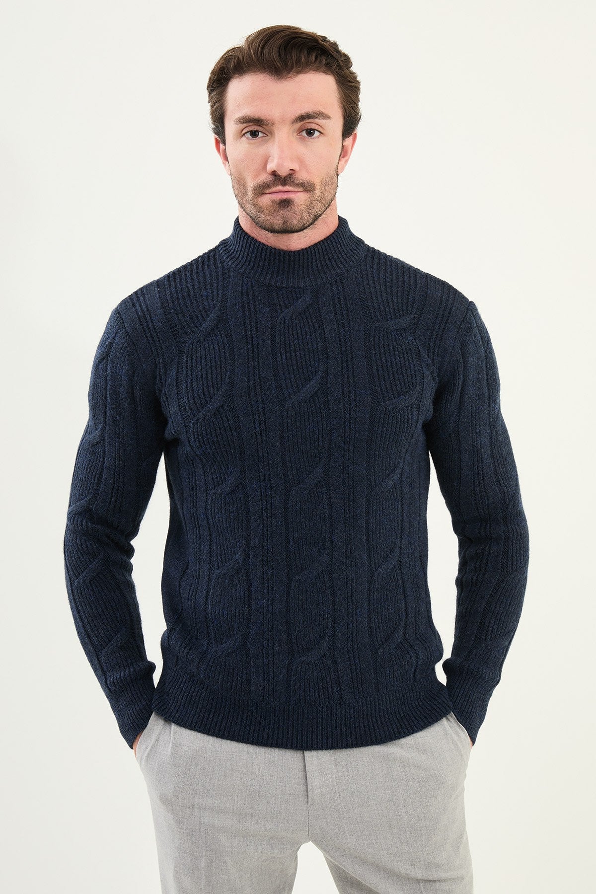 Men’s Navy Blue Cable Knit Slim Fit Mockup Sweater - SUITHARBOR
