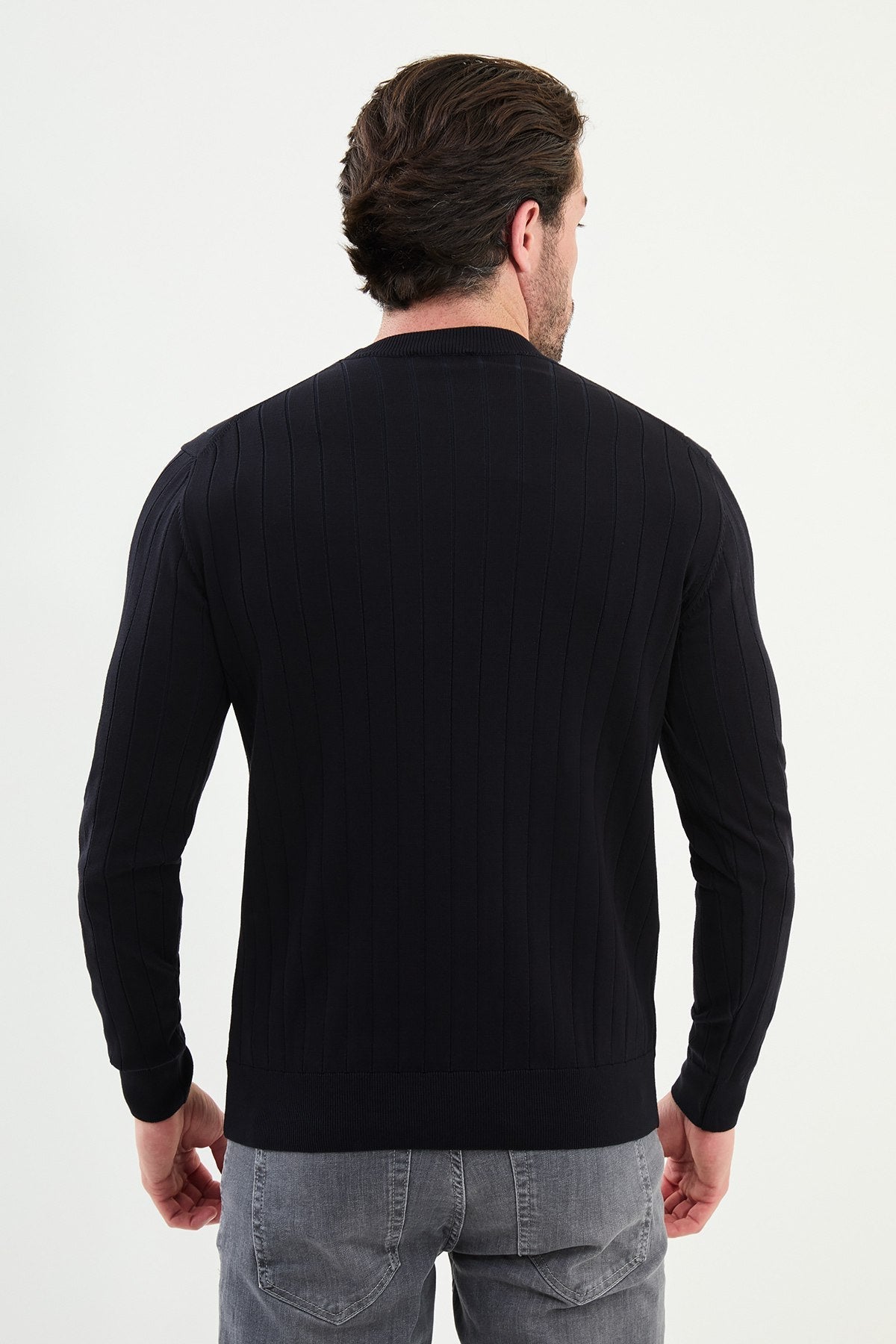 Men’s Navy Blue Ribbed Slim Fit Knitwear Mockup Sweater - SUITHARBOR