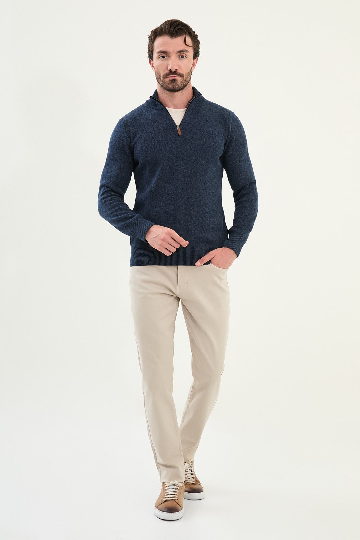 Men’s Navy Blue Slim Fit Half - Zip Knitwear Sweater - SUITHARBOR