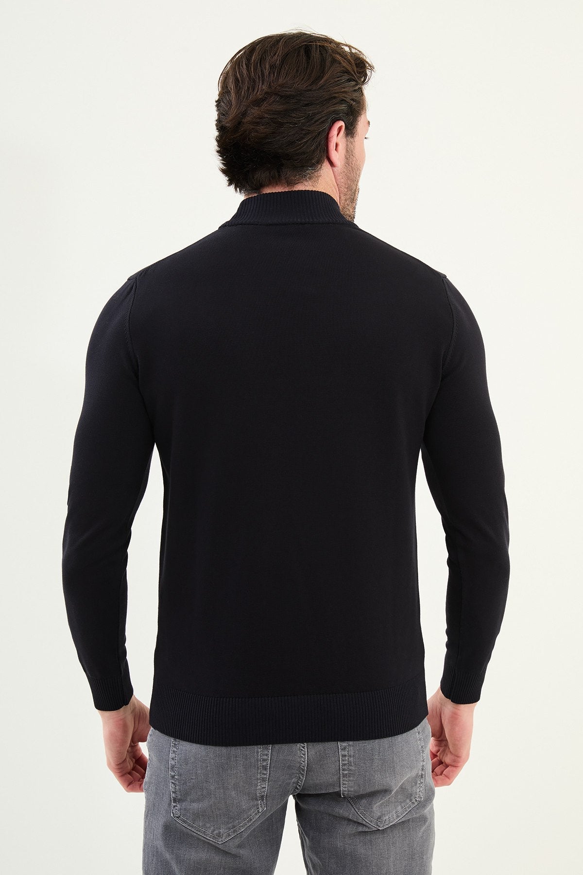Men’s Navy Blue Slim Fit Mock Neck Knitwear Sweater - SUITHARBOR