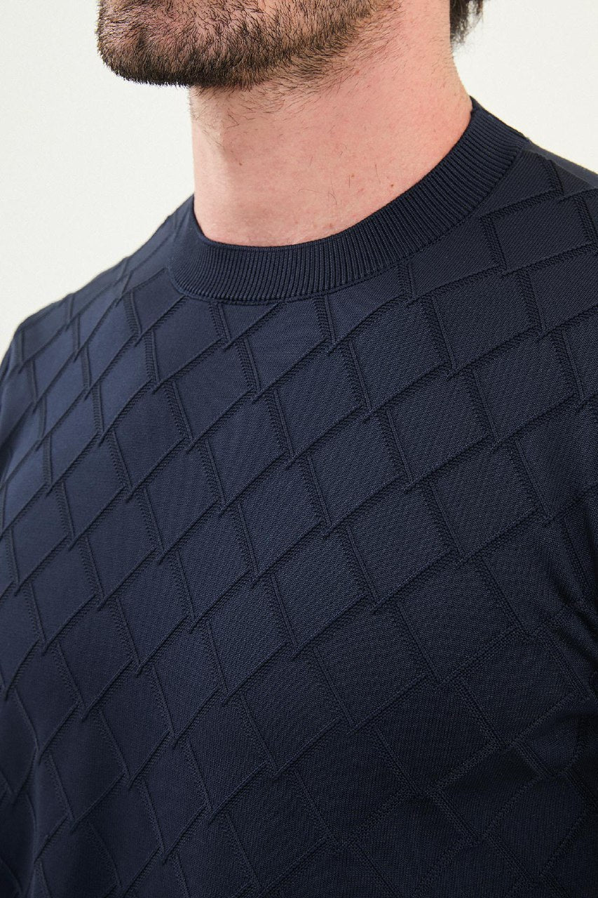 Men’s Navy Blue Textured Knit Sweater - SUITHARBOR