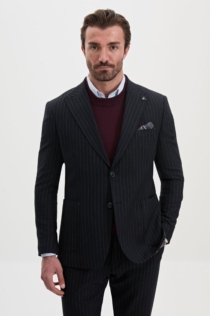 Men's dark navy pinstripe blazer, portrait view