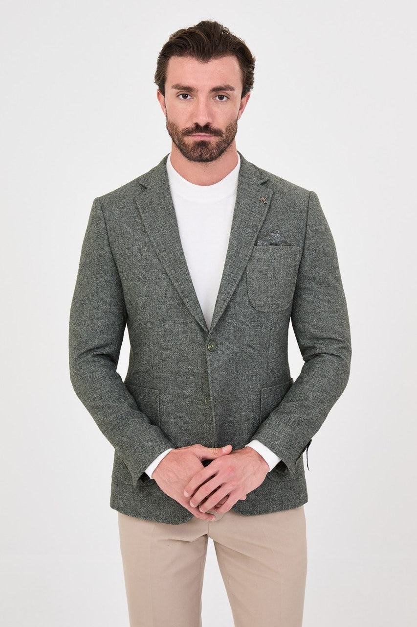 Men’s olive green single-breasted blazer, alternate front view