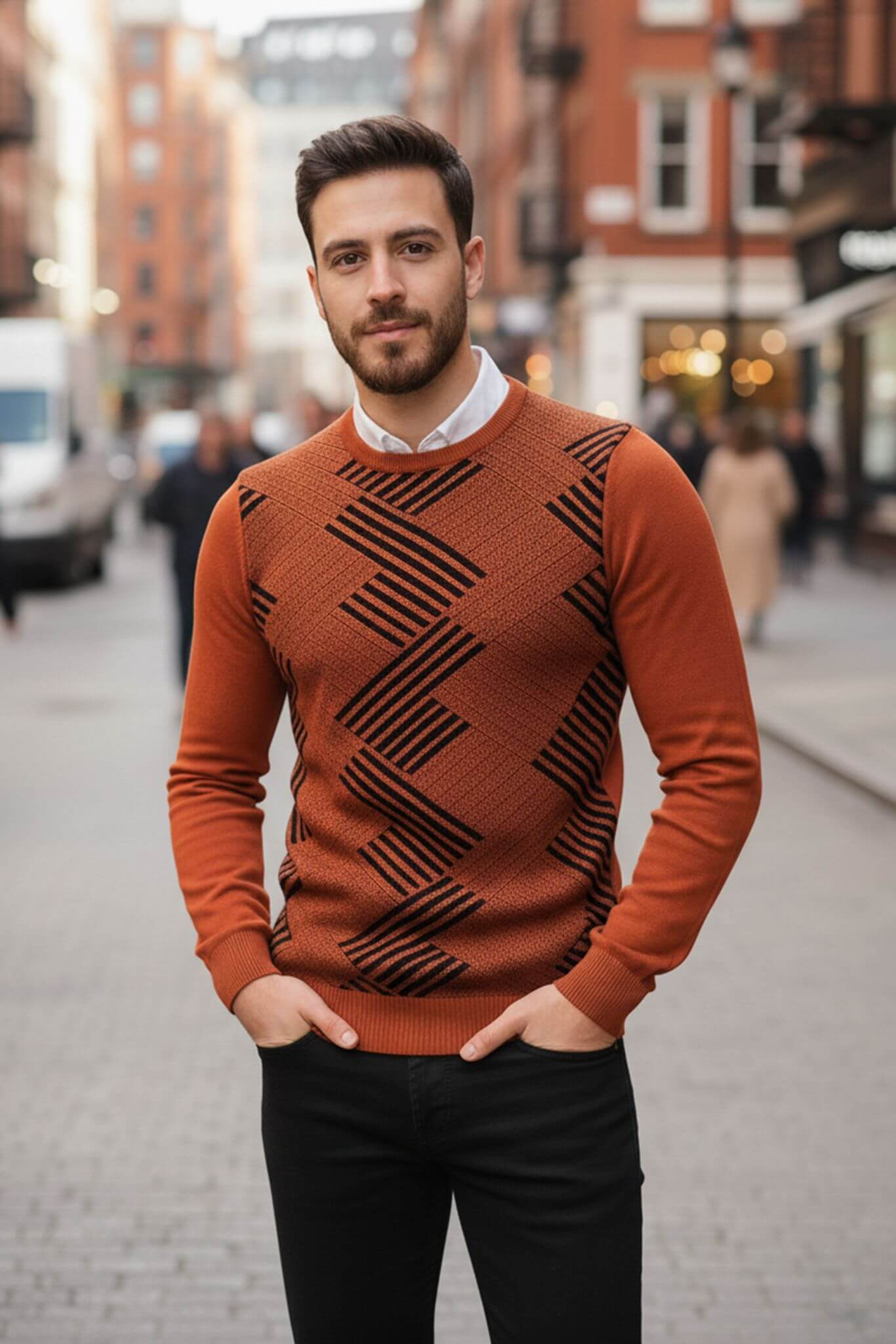 Men's Rust Geometric Pattern Crew Neck Sweater - SUITHARBOR