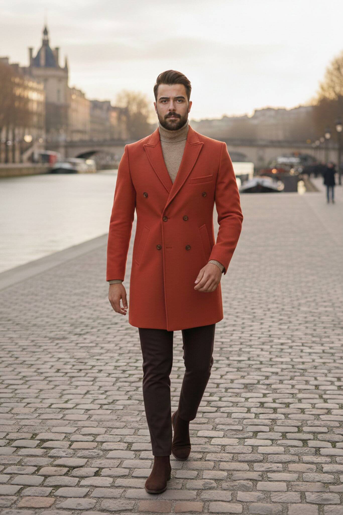 Men's Rust Wool Double - Breasted Overcoat | Slim Fit - SUITHARBOR