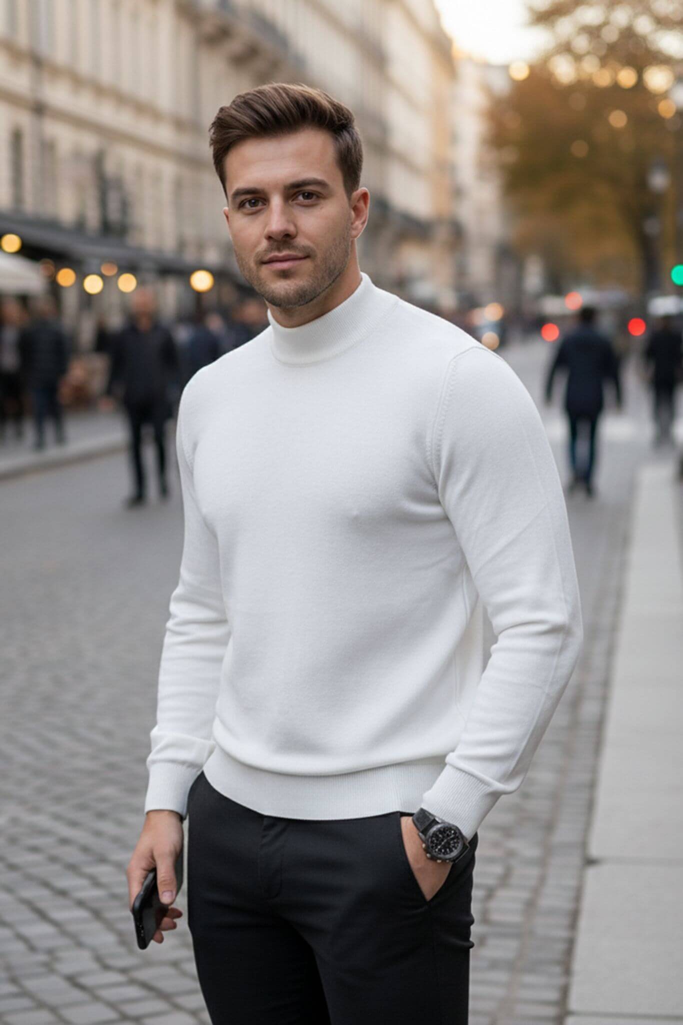 Men's White Cotton Blend Mock Neck Sweater - SUITHARBOR