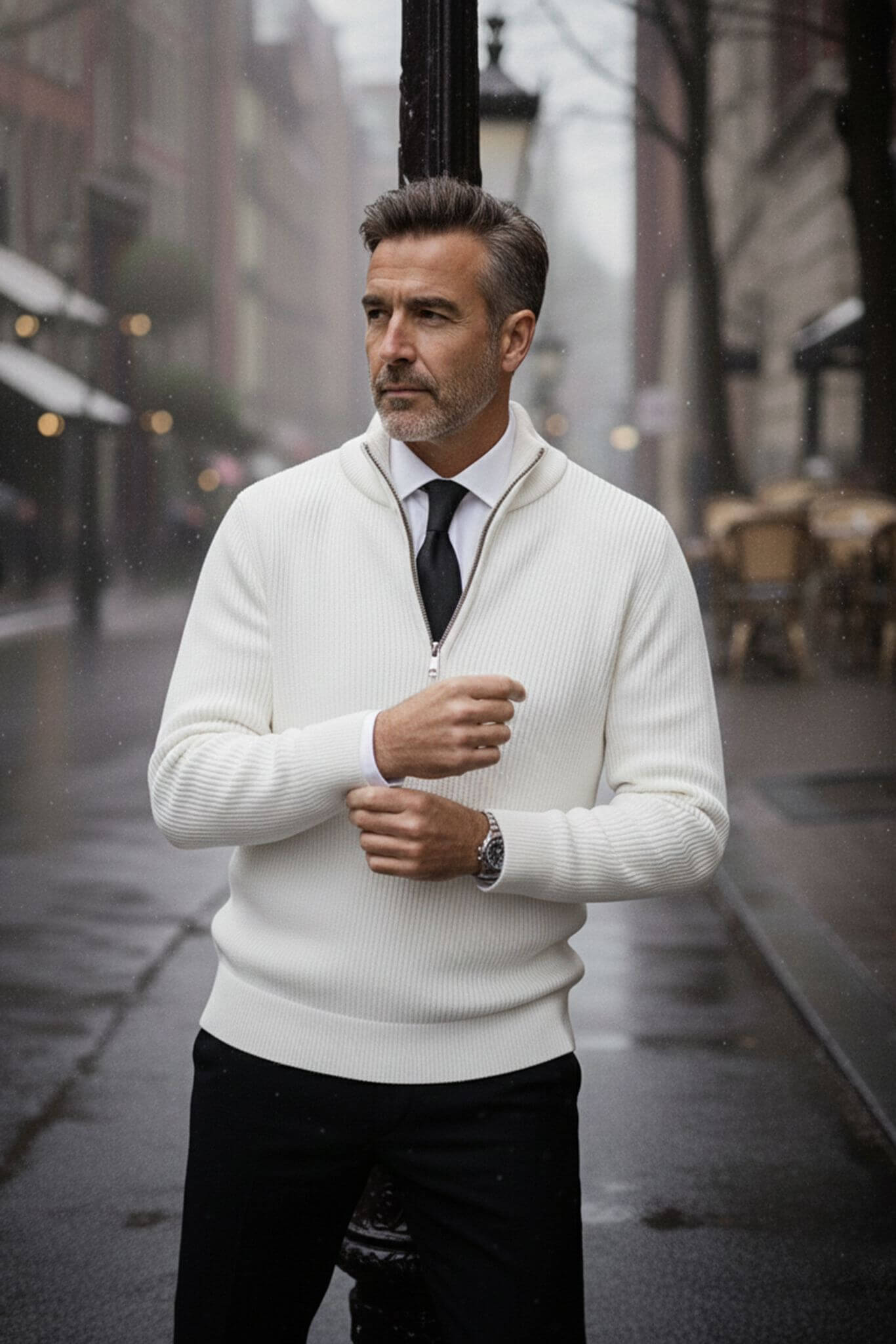 Men's White Ribbed Quarter - Zip Sweater - SUITHARBOR