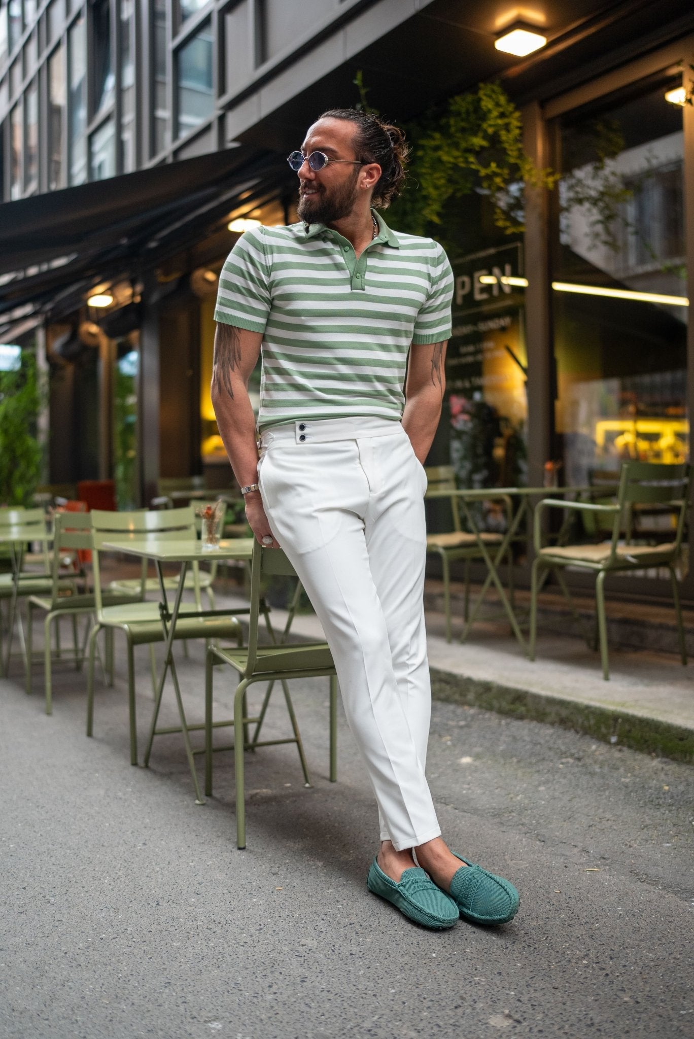Men’s White Slim Fit Belted Double - Button Trousers - SUITHARBOR