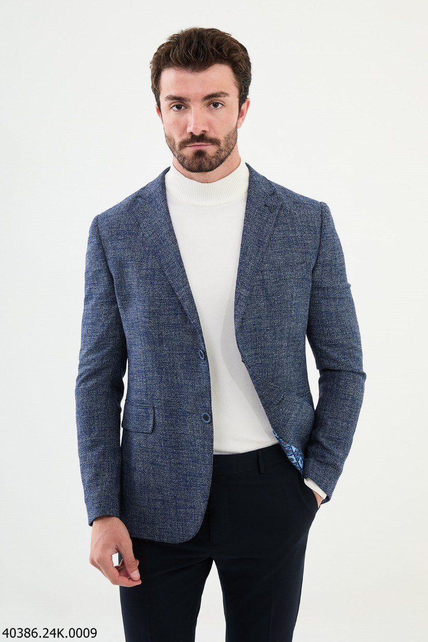 Navy Herringbone Slim Fit Blazer