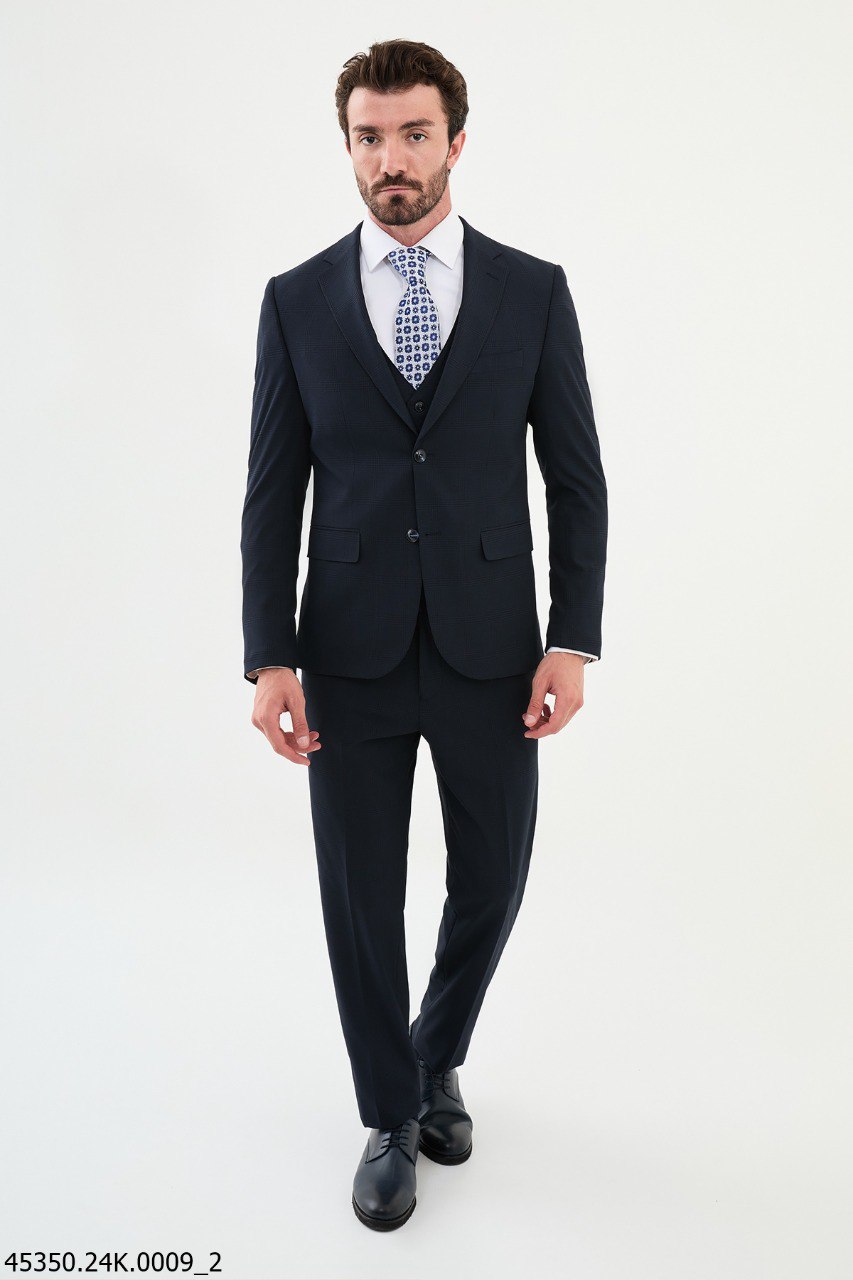 Navy Blue Checkered Three-Piece Suit with Geometric Tie