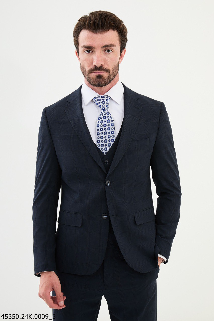 Navy Blue Checkered Three-Piece Suit with Geometric Tie
