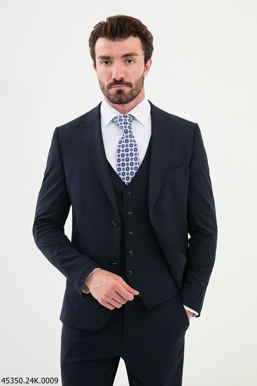 Navy Blue Checkered Three-Piece Suit with Geometric Tie