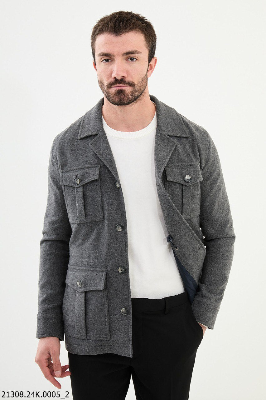 Men's Grey Military-Inspired Pocket Coat