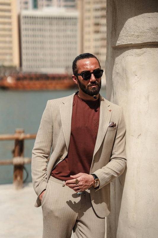 SUITHARBOR™ Beige Houndstooth Suit