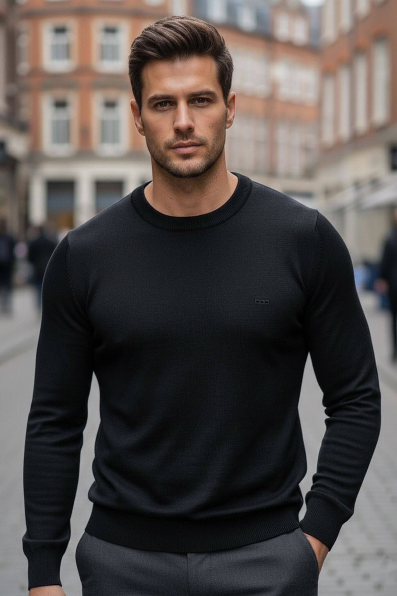 Slim - fit Classic Crew Neck Sweater in Black - SUITHARBOR