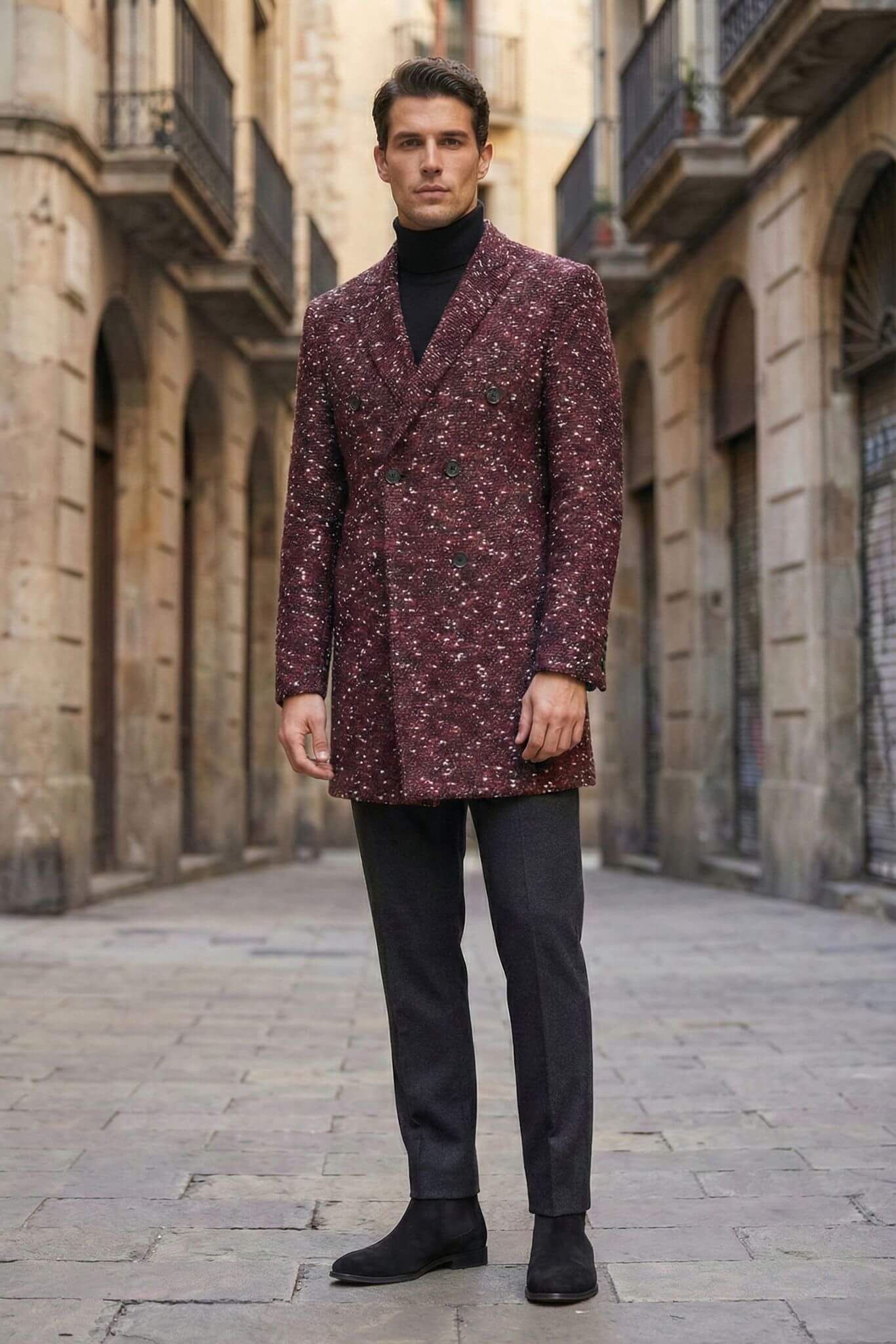 Slim - fit Double - Breasted Flecked Overcoat in Claret - red - SUITHARBOR