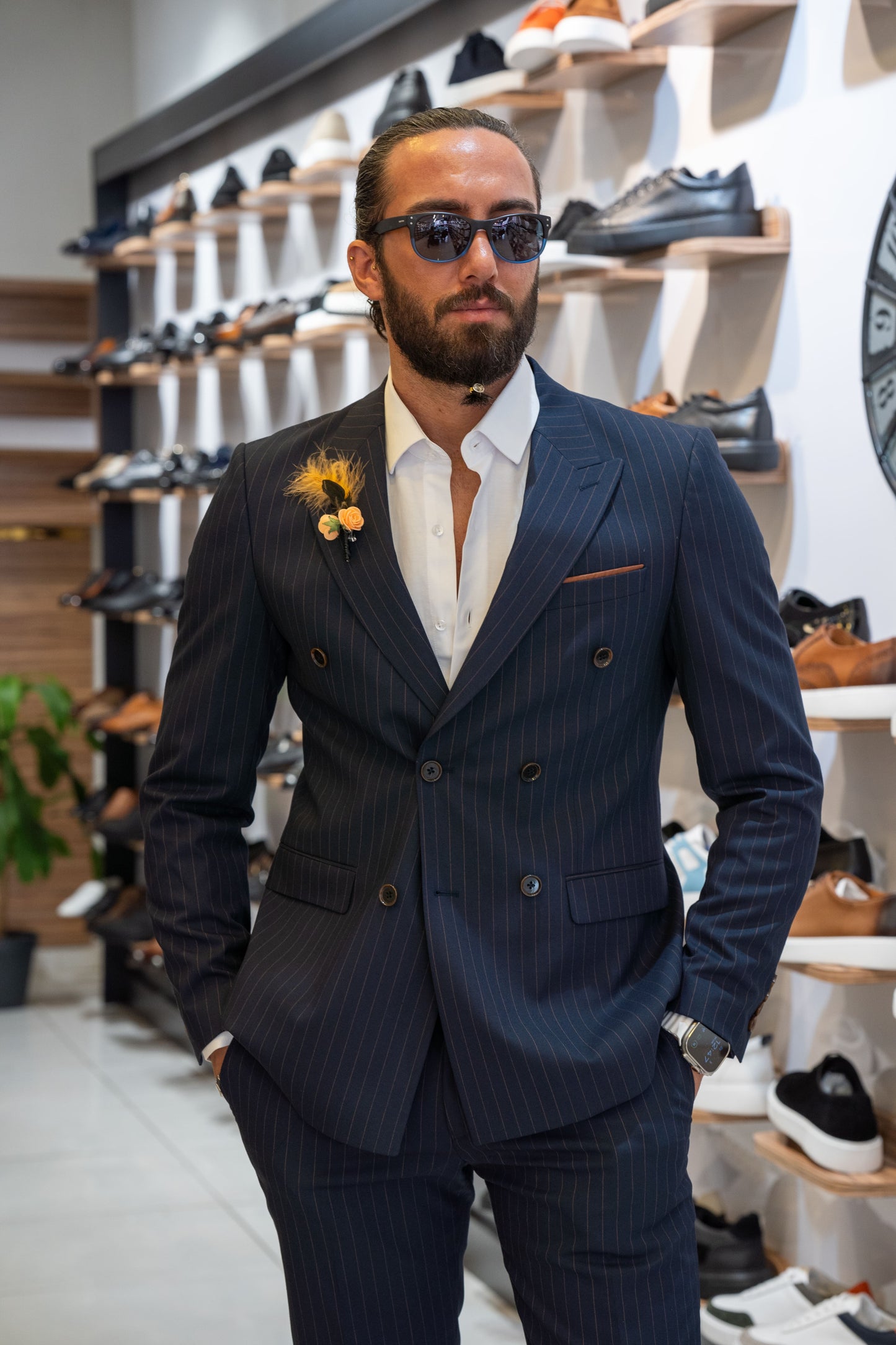 Dark Blue Striped Double Breasted Suit