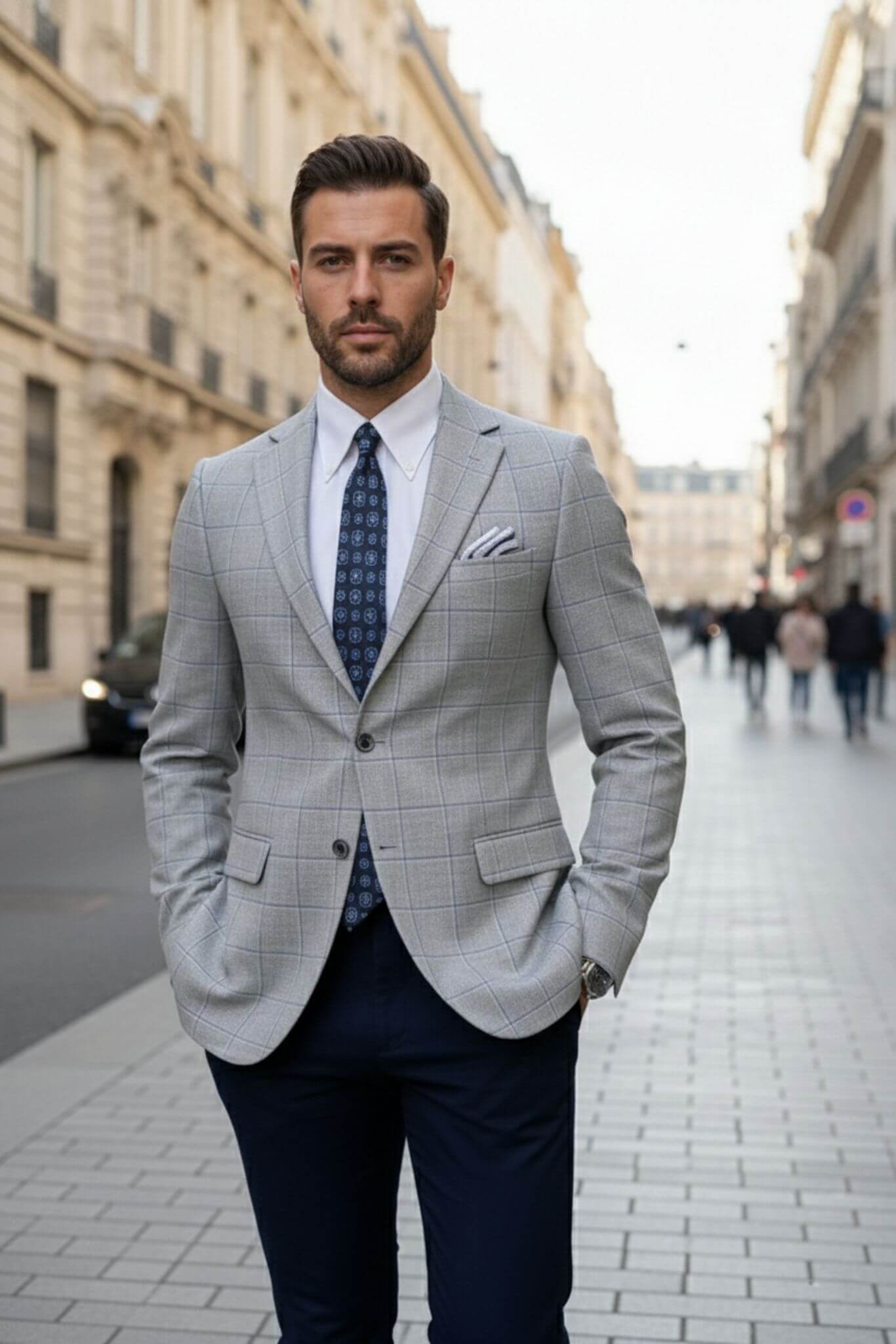 Gray slim fit windowpane wool-blend blazer product image 7