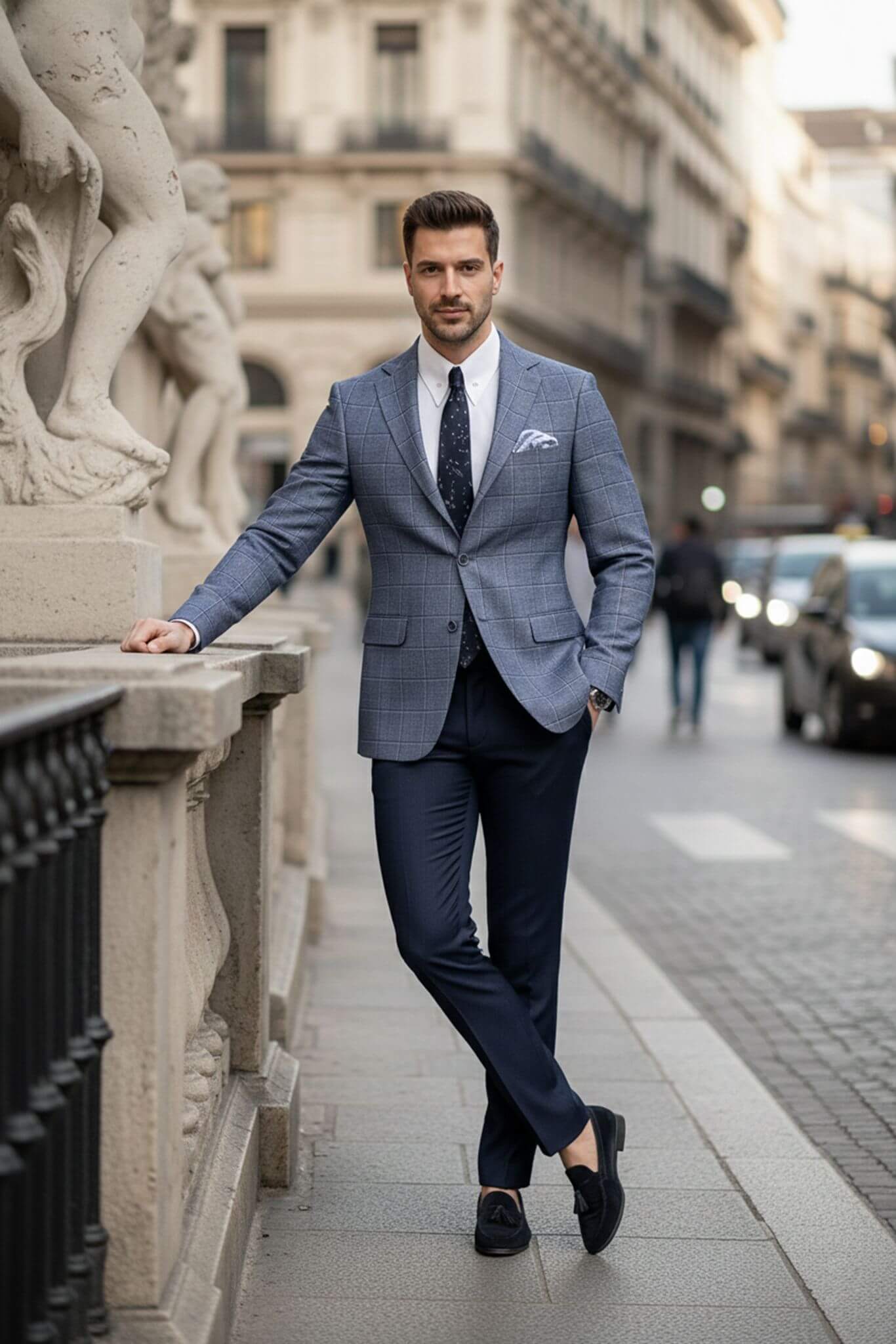SuitHarbor Navy Blue Slim - Fit Wool Windowpane Blazer - SUITHARBOR