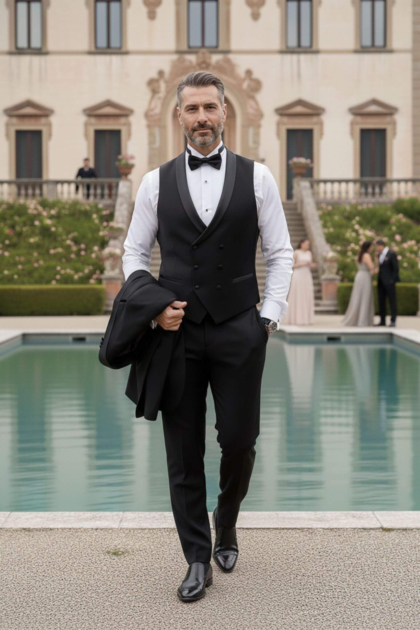 The Sovereign Black Slim - Fit 3 - Piece Groom Suit with Double - Breasted Vest - SUITHARBOR