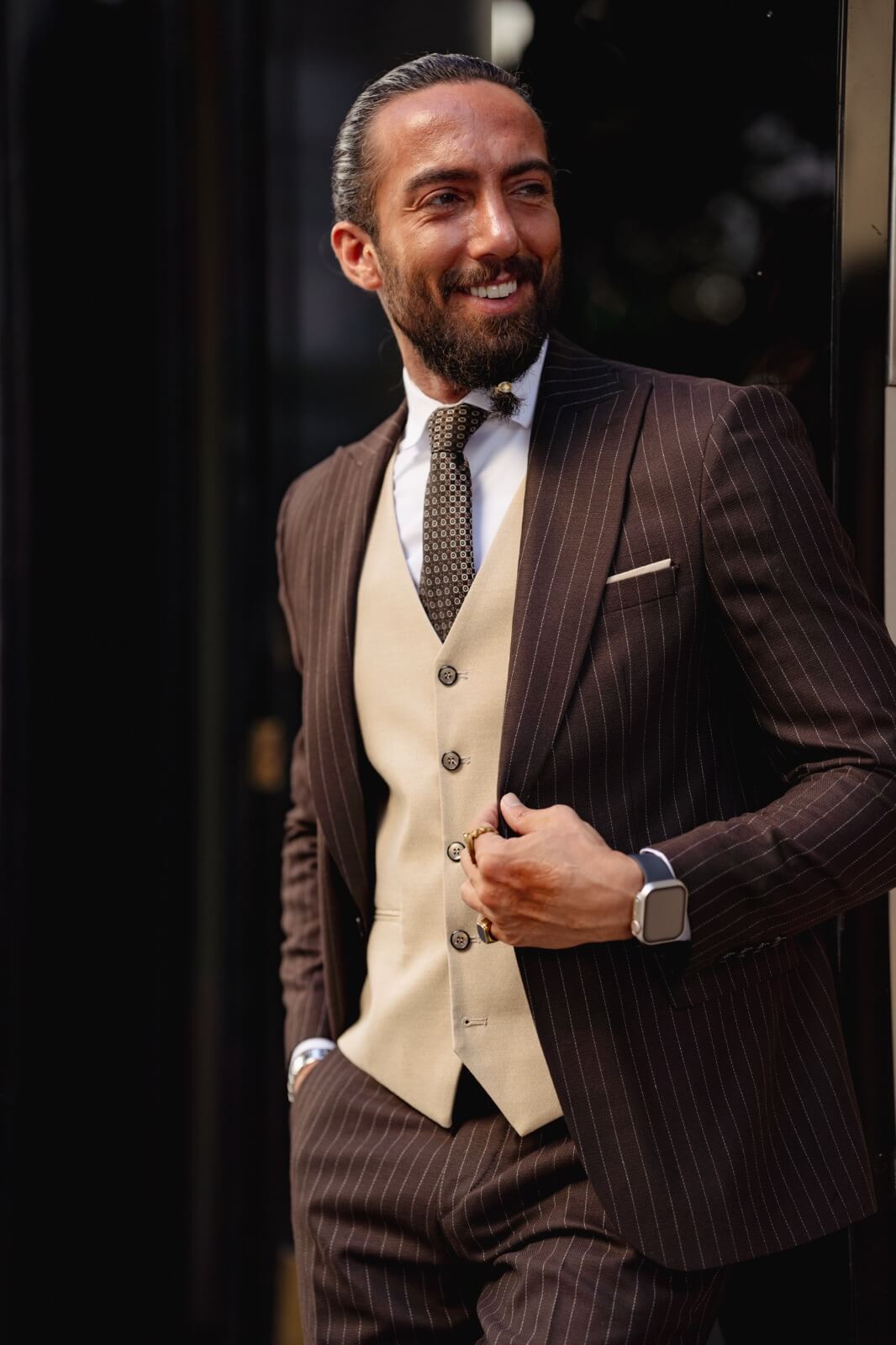 A Beige-Brown Slim Fit Suit on display.