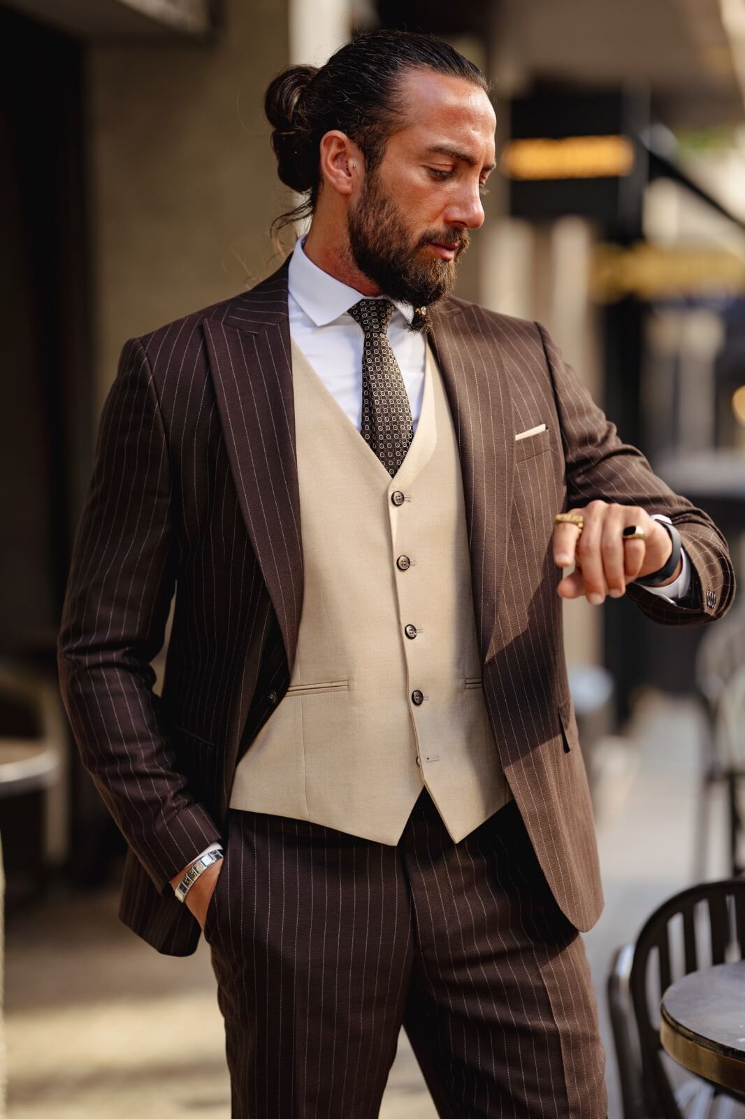 A Beige-Brown Slim Fit Suit on display.