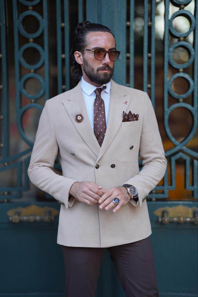 Beige Double-Breasted Blazer for Men