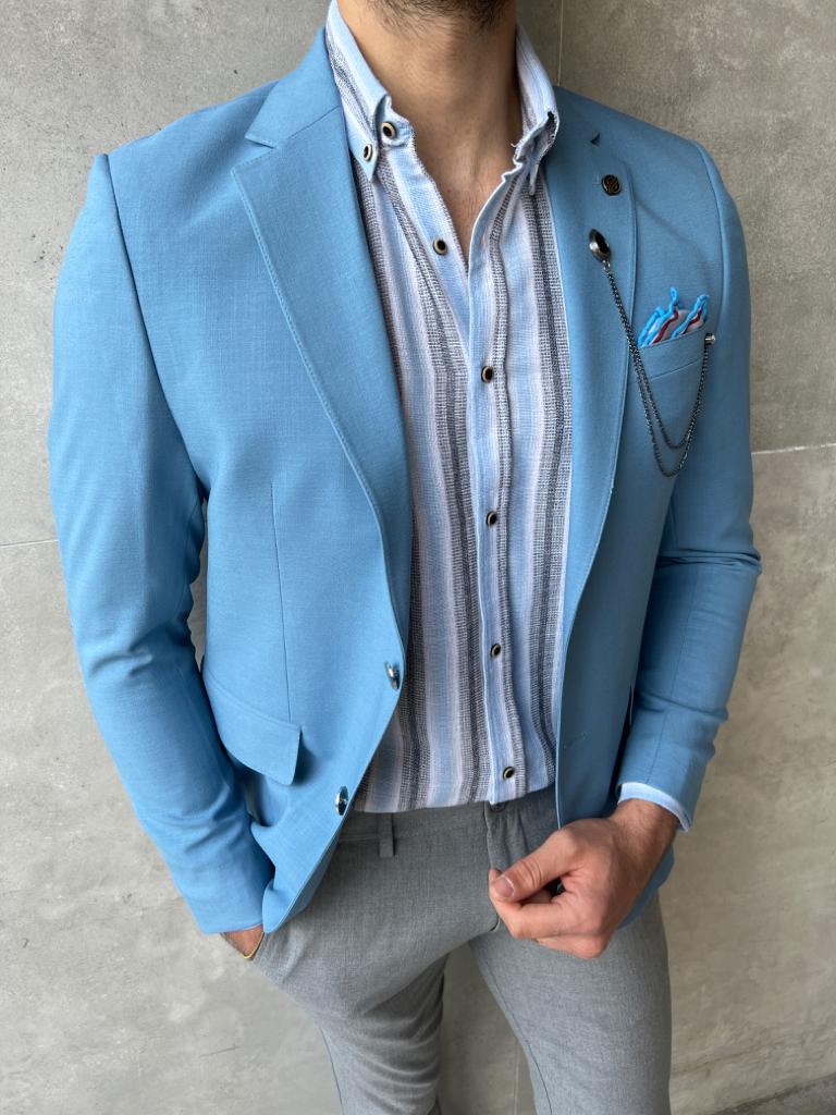 A versatile blue linen jacket suitable for casual or dressy occasion