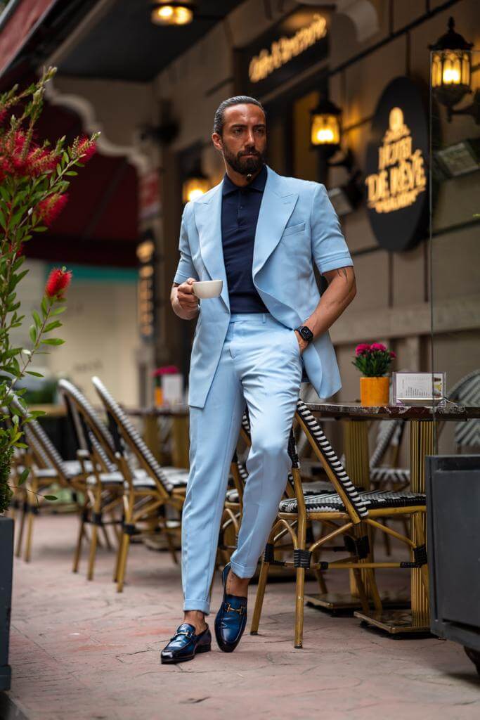 A Blue Short Sleeve Suit on display