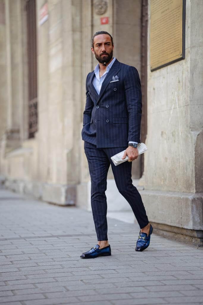 A Striped Blue Double Breasted Suit