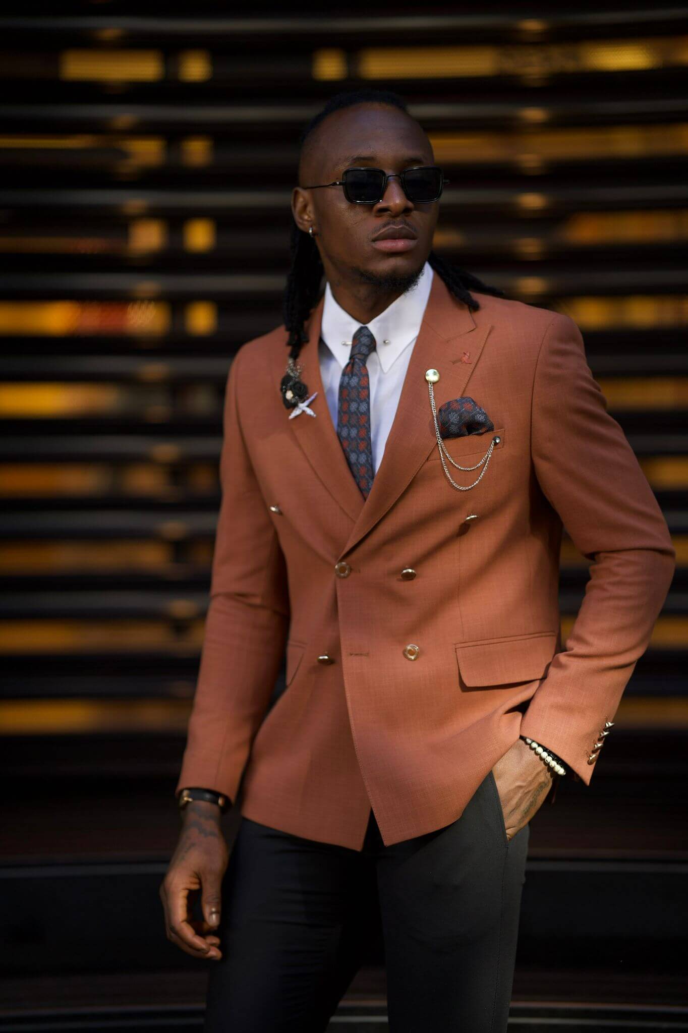 Camel double-breasted blazer with a tailored fit