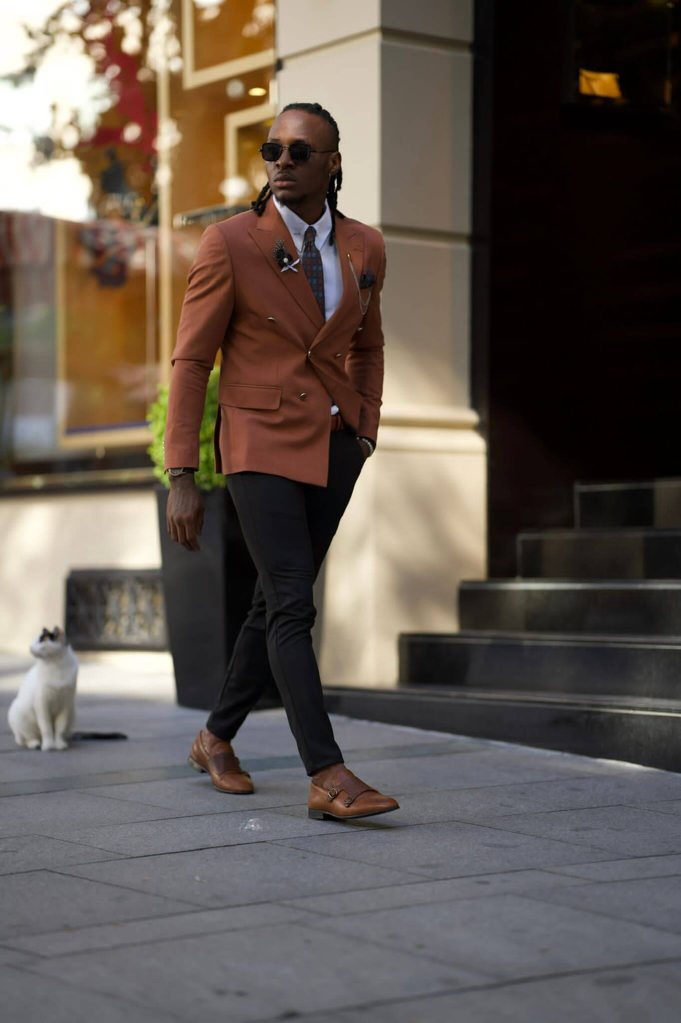Camel double-breasted blazer with a tailored fit